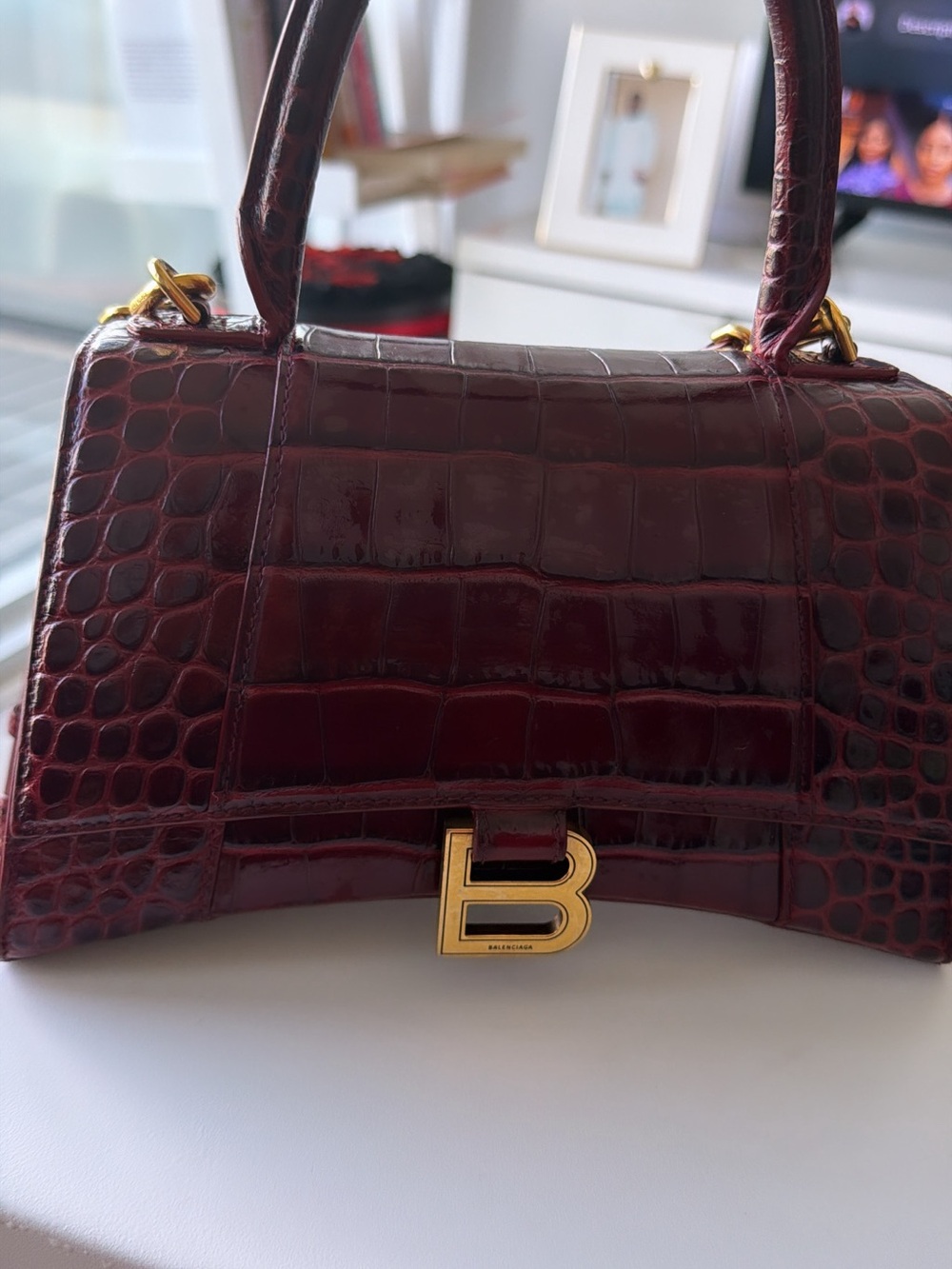 Balenciaga Croc-Embossed Top Handle Satchel in Dark Burgundy with Gold Hardware